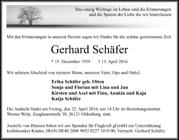 Traueranzeige von Gerhard Schäfer von Nordwest-Zeitung