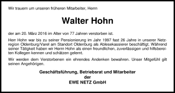 Traueranzeige von Walter Hohn von Nordwest-Zeitung