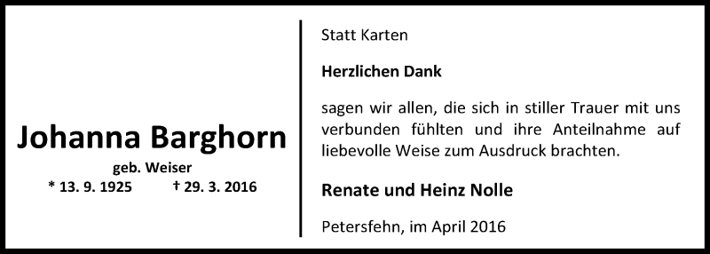  Traueranzeige für Johanna Barghorn vom 13.04.2016 aus Nordwest-Zeitung