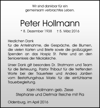 Traueranzeige von Peter Hollmann von Nordwest-Zeitung
