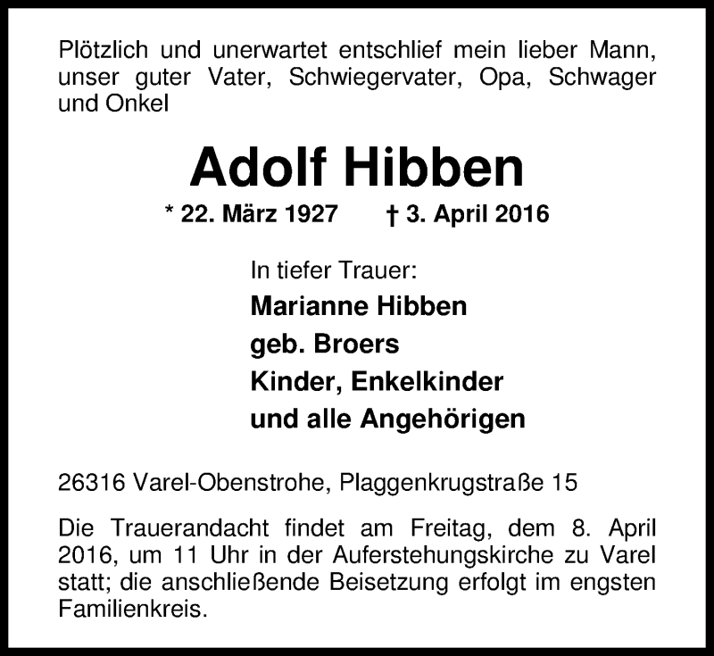  Traueranzeige für Adolf Hibben vom 06.04.2016 aus Nordwest-Zeitung