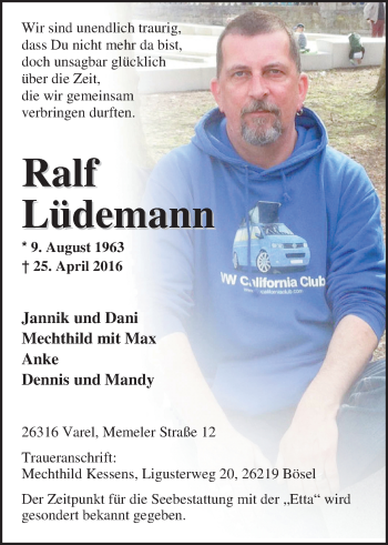 Traueranzeige von Ralf Lüdemann von Nordwest-Zeitung