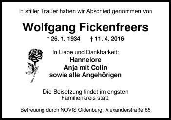 Traueranzeige von Wolfgang Fickenfreers von Nordwest-Zeitung