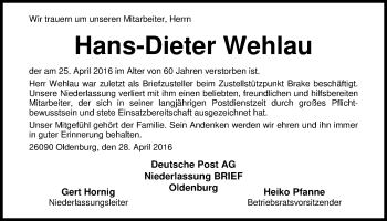 Traueranzeige von Hans-Dieter Wehlau von Nordwest-Zeitung