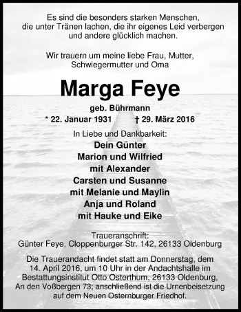 Traueranzeige von Marga Feye von Nordwest-Zeitung