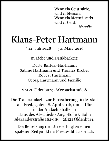 Traueranzeige von Klaus-Peter Hartmann von Nordwest-Zeitung