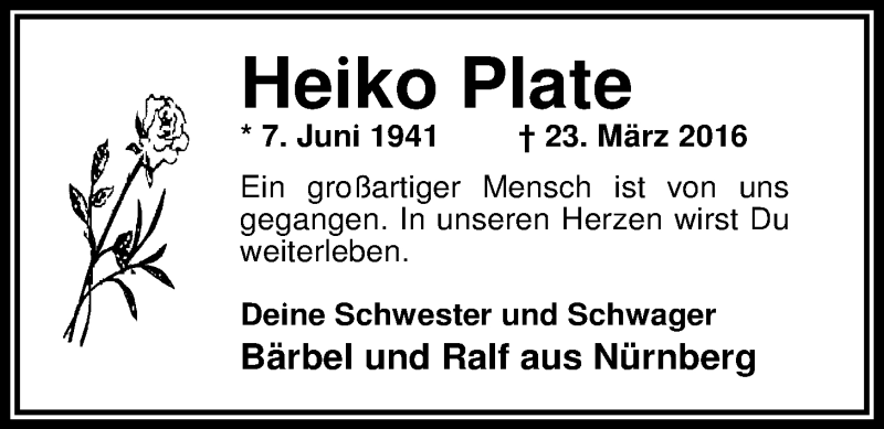  Traueranzeige für Heiko Plate vom 02.04.2016 aus Nordwest-Zeitung