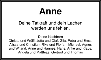 Traueranzeige von Anne Wagenfeld von Nordwest-Zeitung