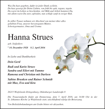 Traueranzeige von Hanna Strues von Nordwest-Zeitung