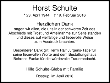 Traueranzeige von Horst Schulte von Nordwest-Zeitung