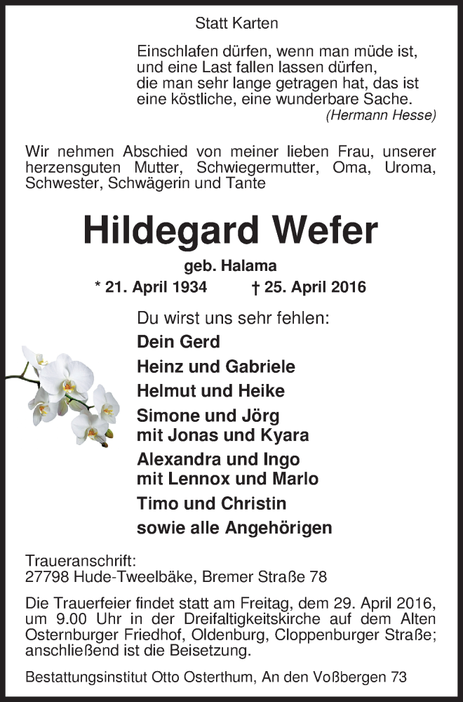  Traueranzeige für Hildegard Wefer vom 27.04.2016 aus Nordwest-Zeitung