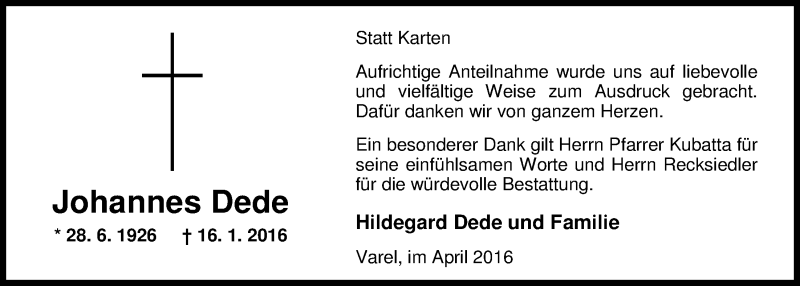  Traueranzeige für Johannes Dede vom 09.04.2016 aus Nordwest-Zeitung