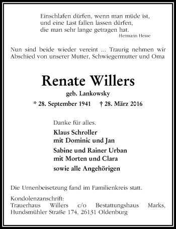Traueranzeige von Renate Willers von Nordwest-Zeitung