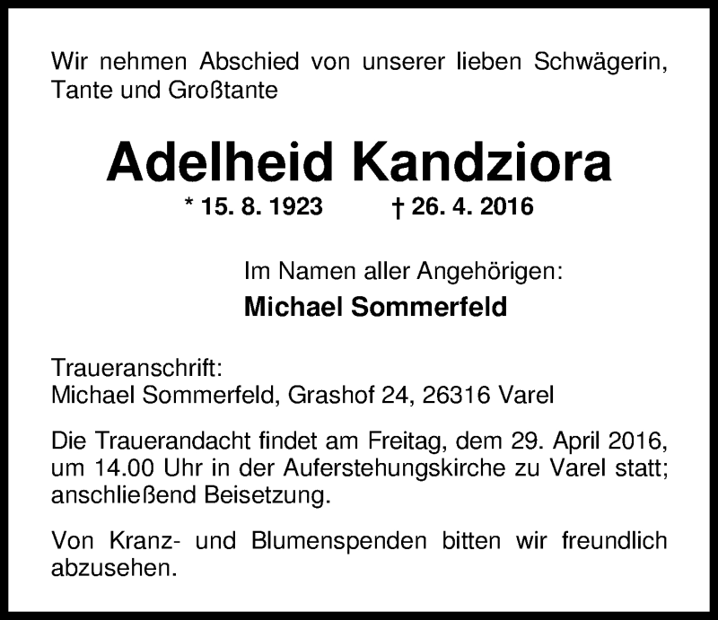  Traueranzeige für Adelheid Kandziora vom 27.04.2016 aus Nordwest-Zeitung