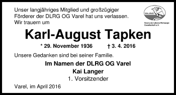 Traueranzeige von Karl-August Tapken von Nordwest-Zeitung