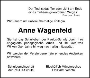 Traueranzeige von Anne Wagenfeld von Nordwest-Zeitung
