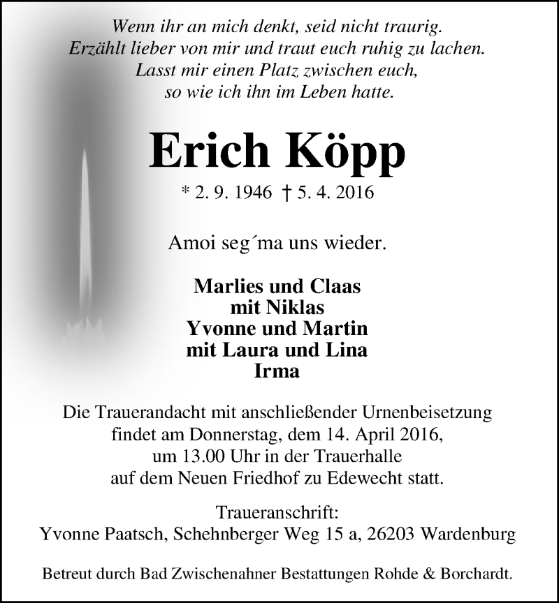  Traueranzeige für Erich Köpp vom 08.04.2016 aus Nordwest-Zeitung