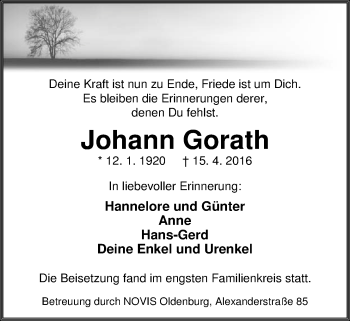 Traueranzeige von Johann Gorath von Nordwest-Zeitung