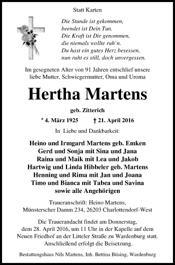 Traueranzeige von Hertha Martens von Nordwest-Zeitung