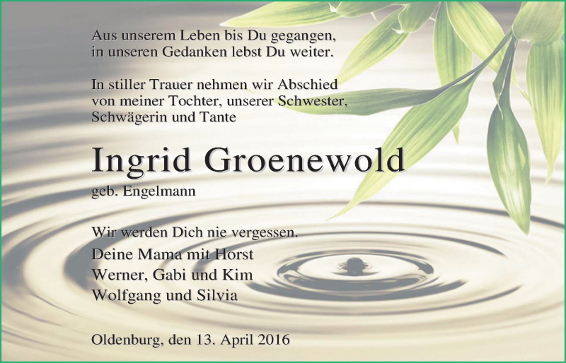  Traueranzeige für Ingrid Groenewold vom 20.04.2016 aus Nordwest-Zeitung
