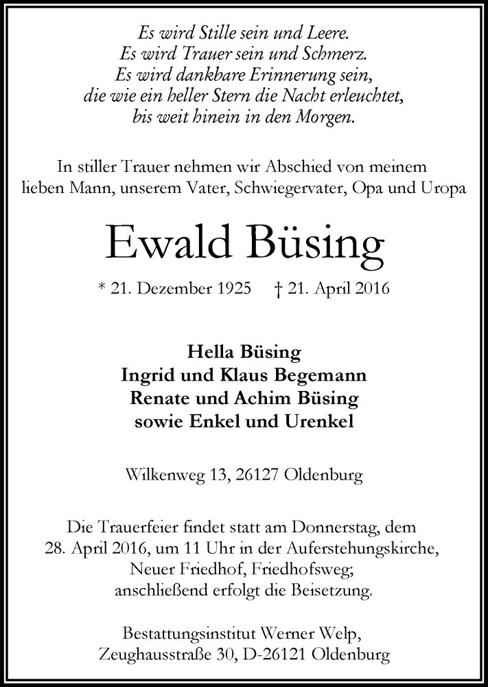  Traueranzeige für Ewald Büsing vom 25.04.2016 aus Nordwest-Zeitung