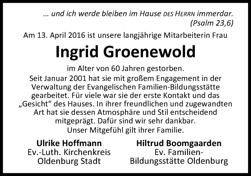  Traueranzeige für Ingrid Groenewold vom 20.04.2016 aus Nordwest-Zeitung