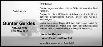 Traueranzeige von Günter Gerdes von Nordwest-Zeitung