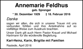 Traueranzeige von Annemarie Feldhus von Nordwest-Zeitung