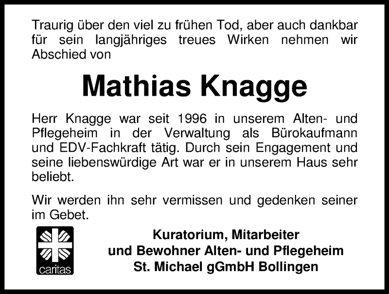  Traueranzeige für Mathias Knagge vom 14.04.2016 aus Nordwest-Zeitung