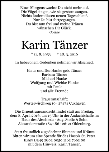 Traueranzeige von Karin Tänzer von Nordwest-Zeitung