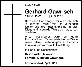 Traueranzeige von Gerhard Gawrisch von Nordwest-Zeitung