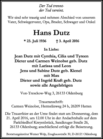 Traueranzeige von Hans Dutz von Nordwest-Zeitung