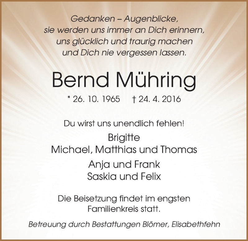  Traueranzeige für Bernd Mühring vom 27.04.2016 aus Nordwest-Zeitung