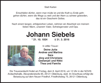 Traueranzeige von Johann Siebels von Nordwest-Zeitung