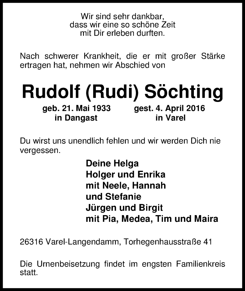  Traueranzeige für Rudolf Söchting vom 09.04.2016 aus Nordwest-Zeitung