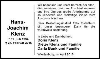 Traueranzeige von Hans-Joachim Klenz von Nordwest-Zeitung