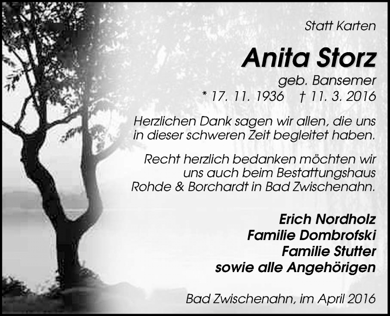  Traueranzeige für Anita Storz vom 25.04.2016 aus Nordwest-Zeitung