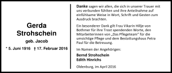Traueranzeige von Gerda Strohschein von Nordwest-Zeitung