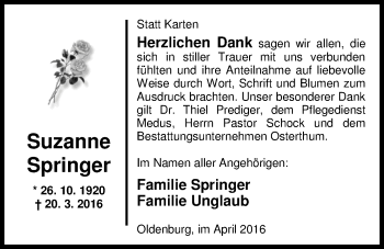 Traueranzeige von Suzanne Springer von Nordwest-Zeitung