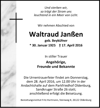 Traueranzeige von Waltraud Janßen von Nordwest-Zeitung