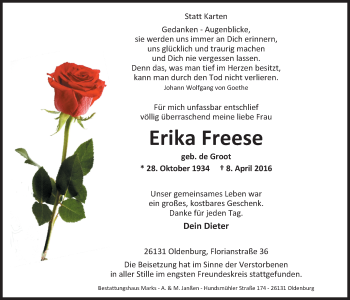 Traueranzeige von Erika Freese von Nordwest-Zeitung