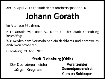 Traueranzeige von Johann Gorath von Nordwest-Zeitung