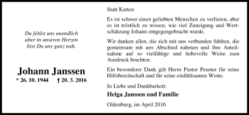 Traueranzeige von Johann Janssen von Nordwest-Zeitung