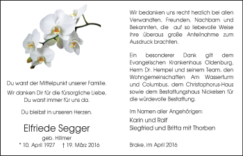 Traueranzeige von Elfriede Segger von Nordwest-Zeitung
