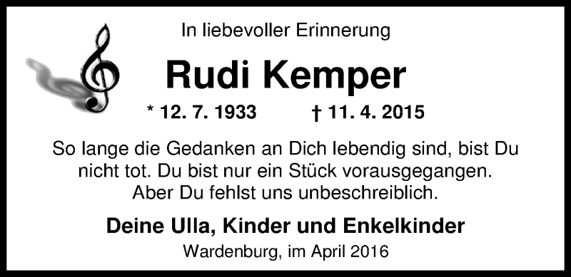  Traueranzeige für Rudi Kemper vom 11.04.2016 aus Nordwest-Zeitung