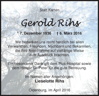 Traueranzeige von Gerold Rihs von Nordwest-Zeitung