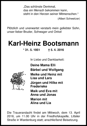 Traueranzeige von Karl-Heinz Bootsmann von Nordwest-Zeitung