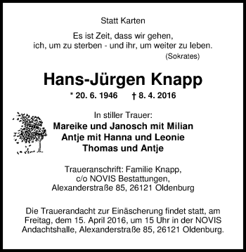 Traueranzeige von Hans-Jürgen Knapp von Nordwest-Zeitung