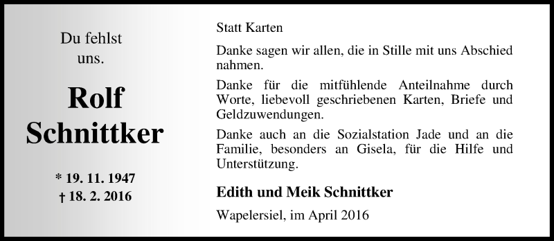  Traueranzeige für Rolf Schnittker vom 05.04.2016 aus Nordwest-Zeitung
