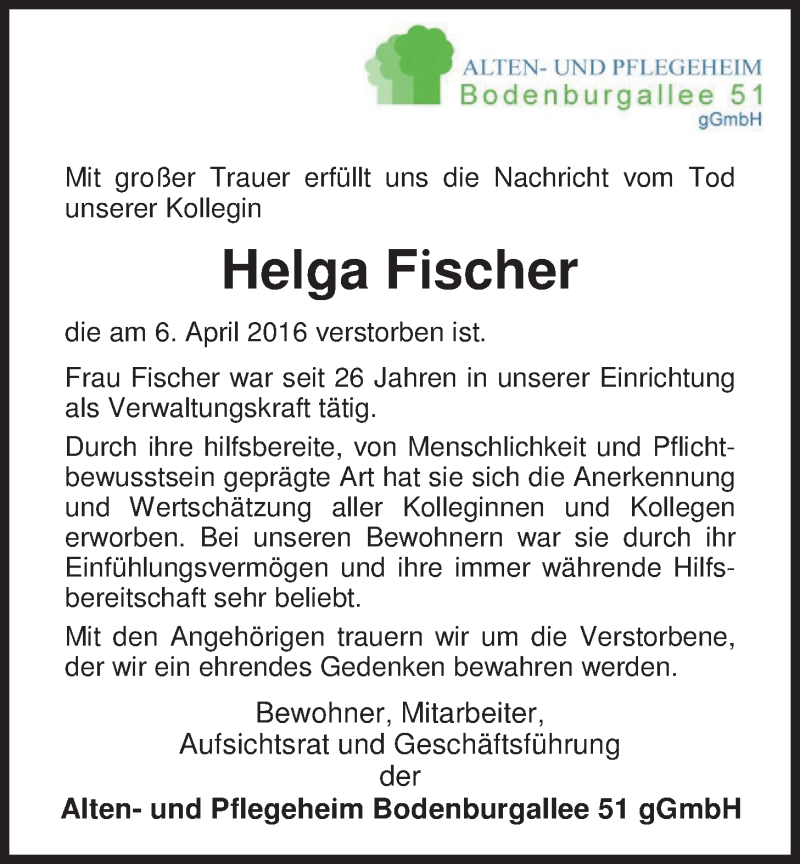  Traueranzeige für Helga Fischer vom 16.04.2016 aus Nordwest-Zeitung